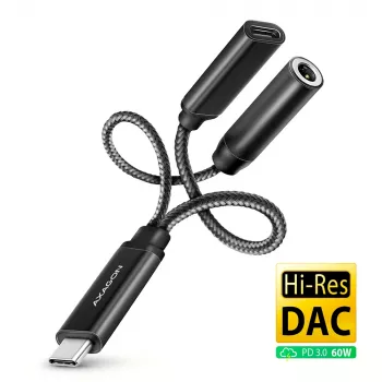 Axagon ADA-HCPD USB-C į 3,5 mm lizdą – Hi-Fi DAC garso adapteris, 384 kHz / 32 bitų, 60 W PD