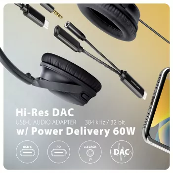 Axagon ADA-HCPD USB-C į 3,5 mm lizdą – Hi-Fi DAC garso adapteris, 384 kHz / 32 bitų, 60 W PD