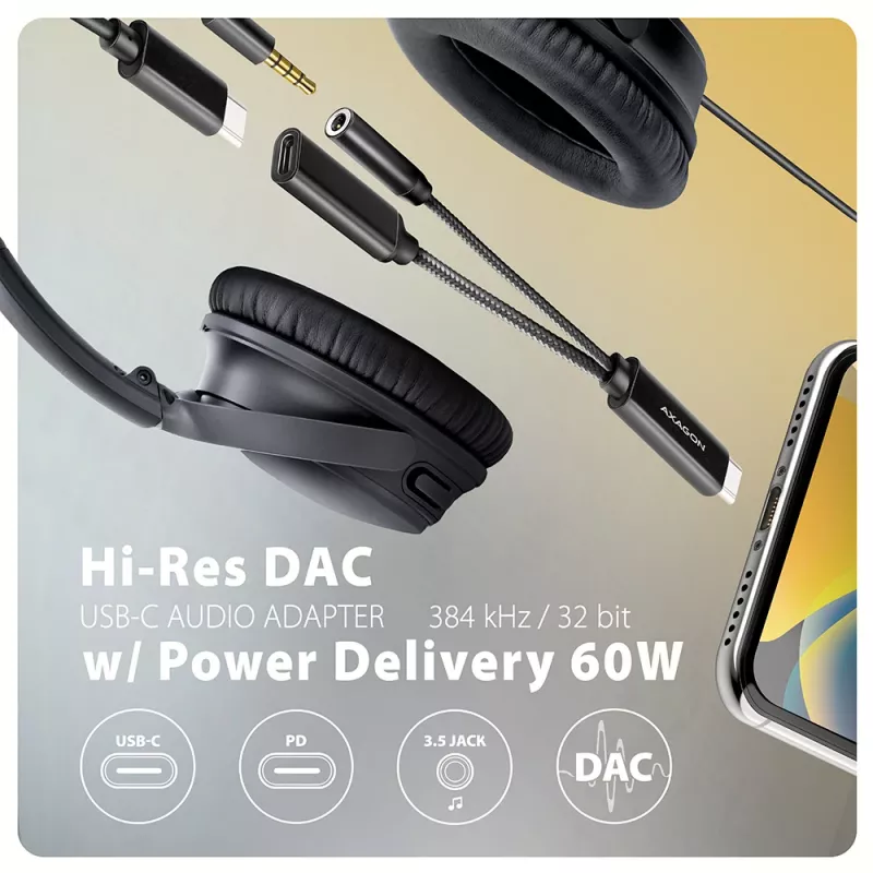 Axagon ADA-HCPD USB-C į 3,5 mm lizdą – Hi-Fi DAC garso adapteris, 384 kHz / 32 bitų, 60 W PD