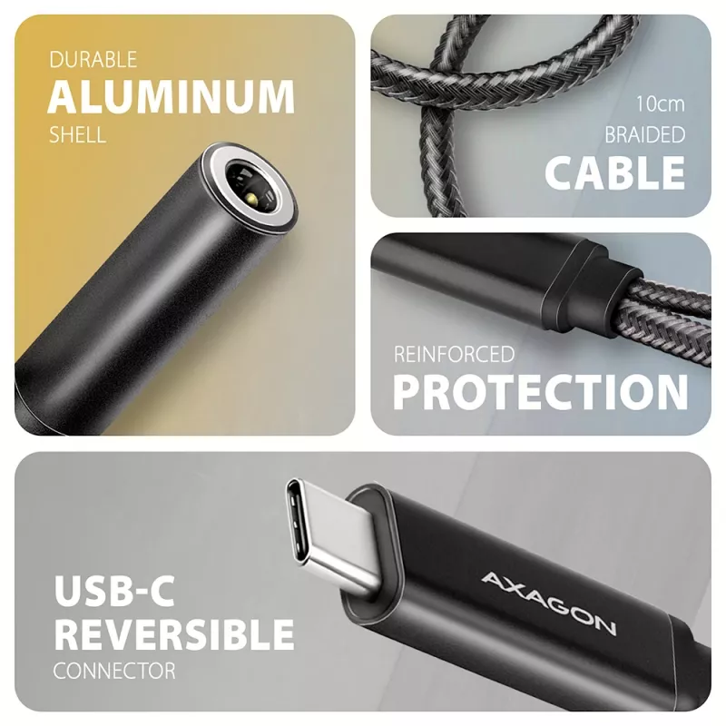 Axagon ADA-HCPD USB-C į 3,5 mm lizdą – Hi-Fi DAC garso adapteris, 384 kHz / 32 bitų, 60 W PD