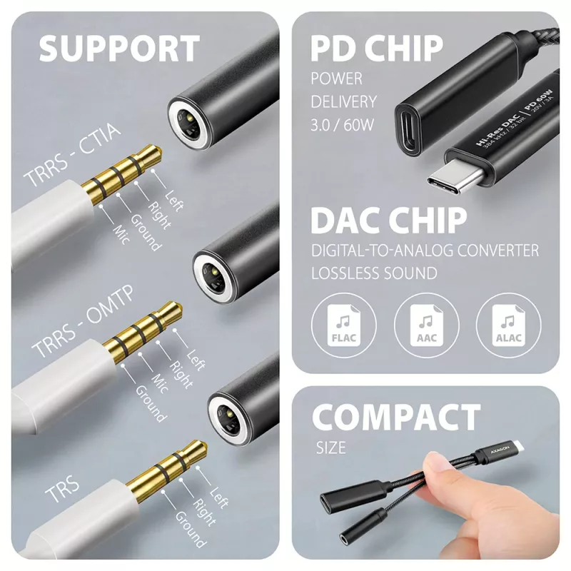 Axagon ADA-HCPD USB-C į 3,5 mm lizdą – Hi-Fi DAC garso adapteris, 384 kHz / 32 bitų, 60 W PD