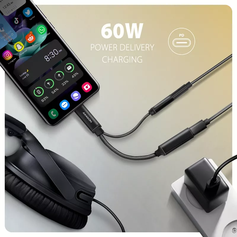 Axagon ADA-HCPD USB-C į 3,5 mm lizdą – Hi-Fi DAC garso adapteris, 384 kHz / 32 bitų, 60 W PD