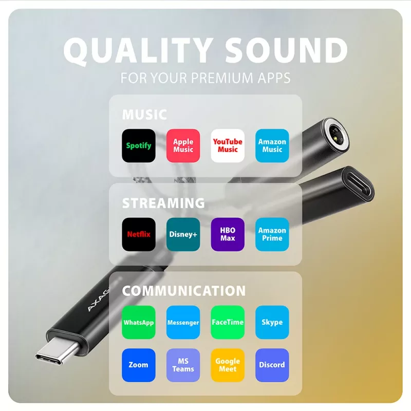 Axagon ADA-HCPD USB-C į 3,5 mm lizdą – Hi-Fi DAC garso adapteris, 384 kHz / 32 bitų, 60 W PD