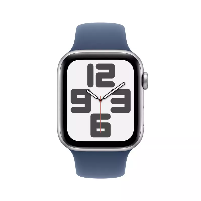 Išmanusis laikrodis Apple Watch SE GPS 44 mm sidabrinis aliuminio korpusas su džinsinio audinio sportiniu dirželiu mėlynas S/M