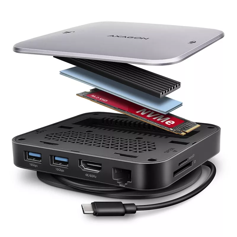 Axagon HMC-UFO USB-C Hub M.2 SATA/NVMe 1 Gbit/s Ethernet 384 kHz Audio Wired USB 3.2 Gen 2 (3.1 Gen 2) Type-C Black