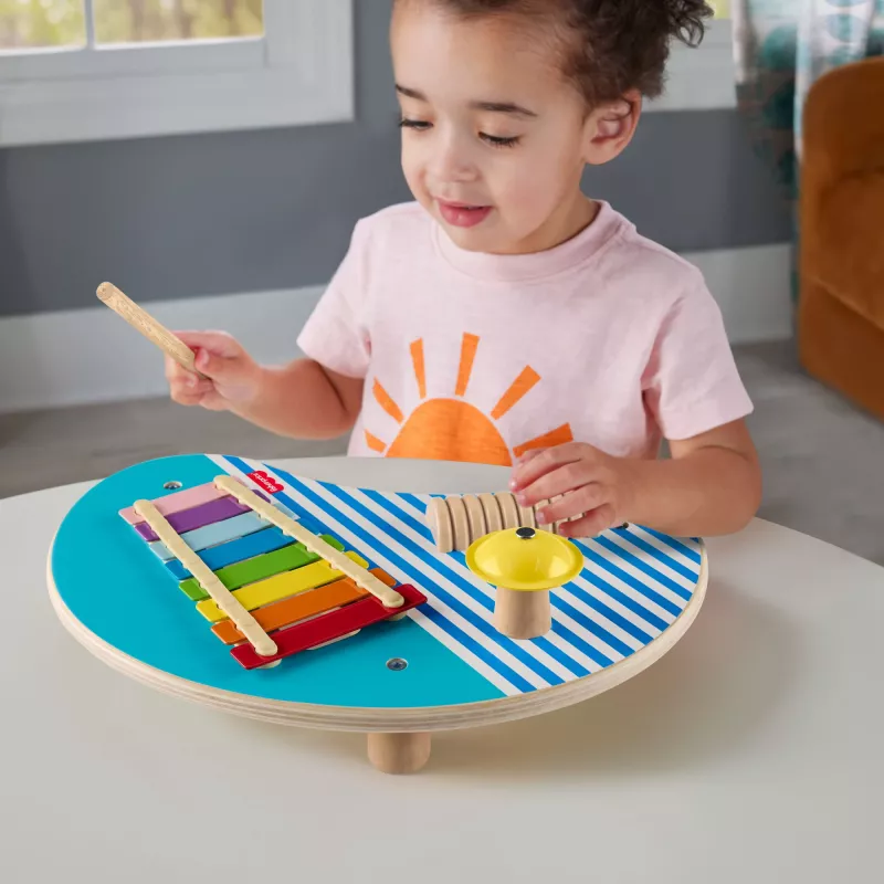 Fisher-Price medinis muzikinis stalas su mušamaisiais instrumentais, 3 medinės dalys