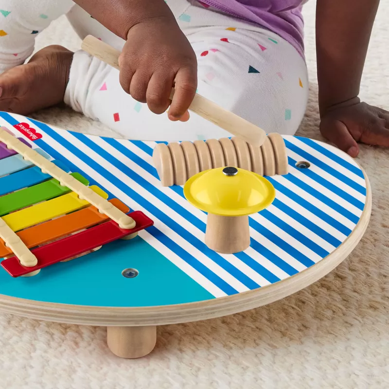 Fisher-Price medinis muzikinis stalas su mušamaisiais instrumentais, 3 medinės dalys