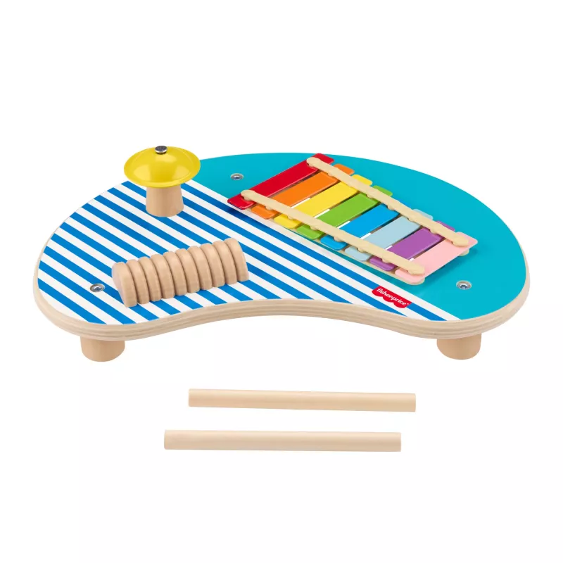 Fisher-Price medinis muzikinis stalas su mušamaisiais instrumentais, 3 medinės dalys