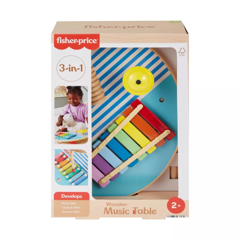 Fisher-Price medinis muzikinis stalas su mušamaisiais instrumentais, 3 medinės dalys