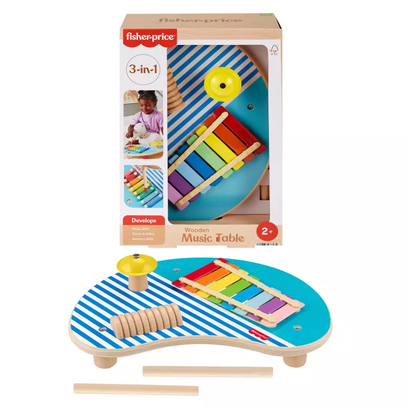 Fisher-Price medinis muzikinis stalas su mušamaisiais instrumentais, 3 medinės dalys