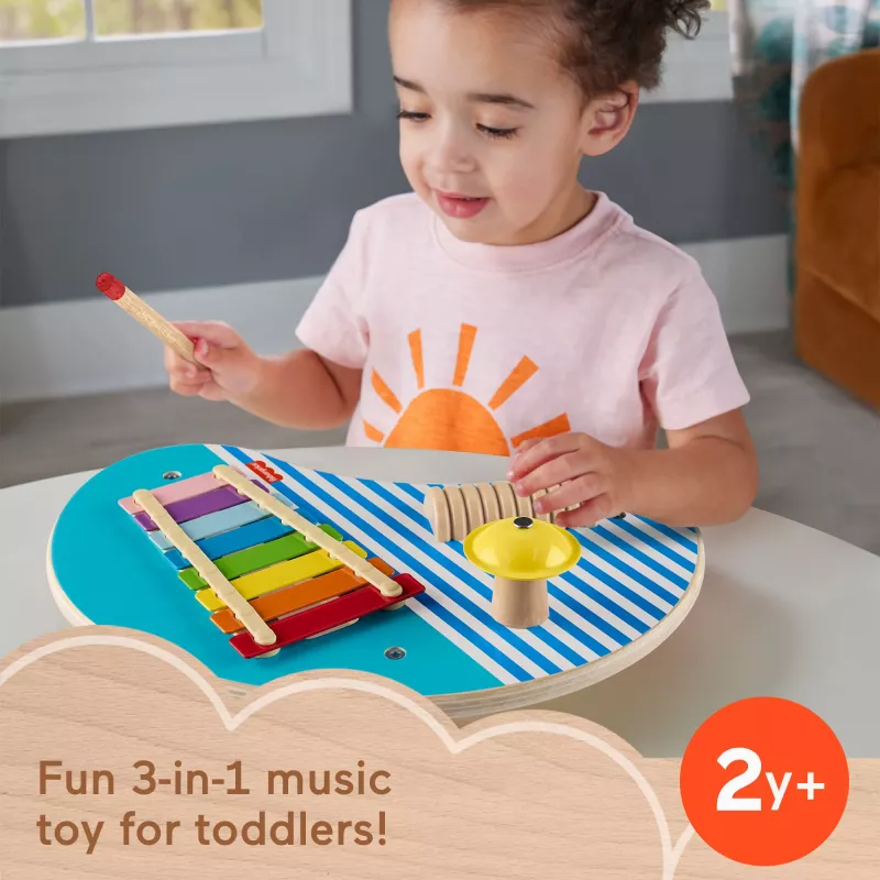 Fisher-Price medinis muzikinis stalas su mušamaisiais instrumentais, 3 medinės dalys