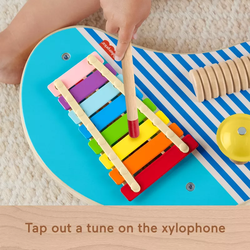 Fisher-Price medinis muzikinis stalas su mušamaisiais instrumentais, 3 medinės dalys