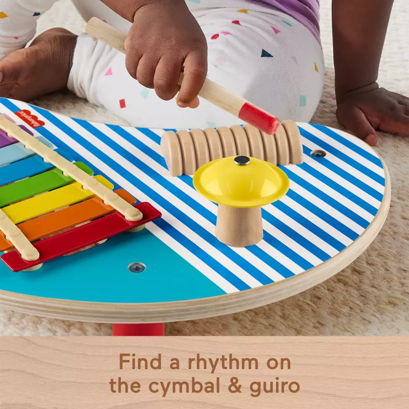 Fisher-Price medinis muzikinis stalas su mušamaisiais instrumentais, 3 medinės dalys