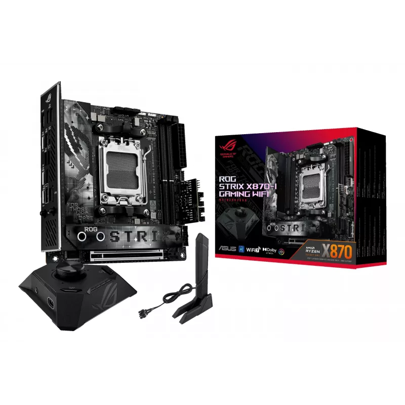 Pagrindinė plokštė ASUS ROG STRIX X870-I GAMING WIFI mini ITX · AMD X870 · Socket AM5 · DDR5 · 2 DIMM · Wi‑Fi 7 · Bluetooth 5.4