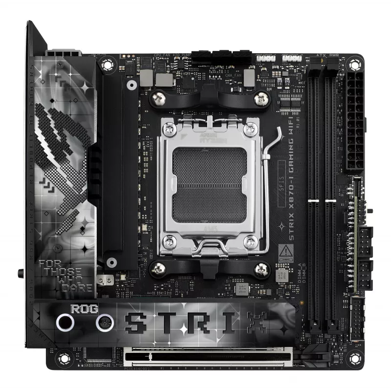 Pagrindinė plokštė ASUS ROG STRIX X870-I GAMING WIFI mini ITX · AMD X870 · Socket AM5 · DDR5 · 2 DIMM · Wi‑Fi 7 · Bluetooth 5.4