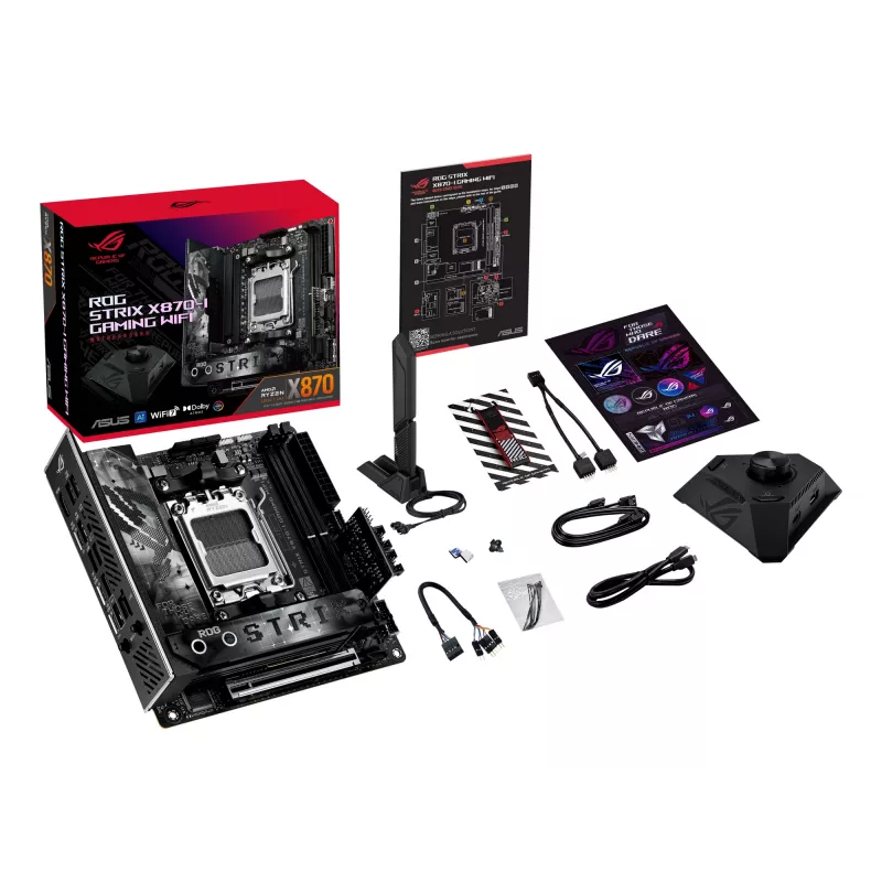 Pagrindinė plokštė ASUS ROG STRIX X870-I GAMING WIFI mini ITX · AMD X870 · Socket AM5 · DDR5 · 2 DIMM · Wi‑Fi 7 · Bluetooth 5.4