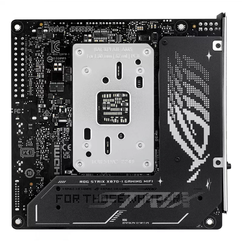 Pagrindinė plokštė ASUS ROG STRIX X870-I GAMING WIFI mini ITX · AMD X870 · Socket AM5 · DDR5 · 2 DIMM · Wi‑Fi 7 · Bluetooth 5.4