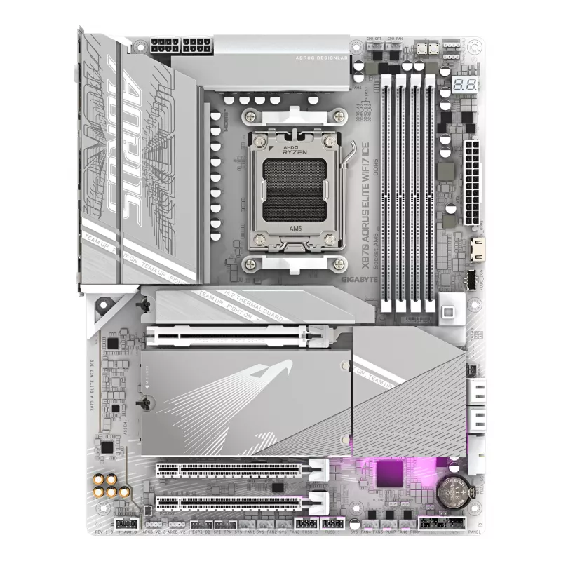 GIGABYTE X870 AORUS ELITE WIFI7 ICE pagrindinė plokštė – palaiko AMD Ryzen 9000 procesorius, 16+2+2 fazių skaitmeninis VRM, iki 8200MHz DDR5 (OC), 3xPCIe 5.0 + 1xPCIe 4.0, Wi-Fi 7, 2.5GbE LAN, USB 4