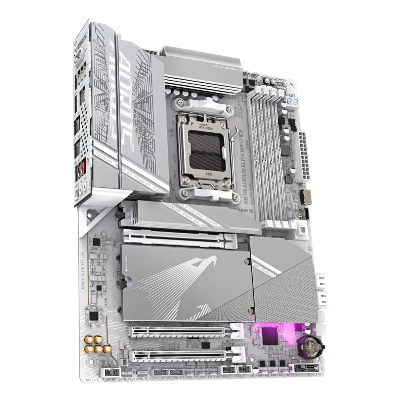 GIGABYTE X870 AORUS ELITE WIFI7 ICE pagrindinė plokštė – palaiko AMD Ryzen 9000 procesorius, 16+2+2 fazių skaitmeninis VRM, iki 8200MHz DDR5 (OC), 3xPCIe 5.0 + 1xPCIe 4.0, Wi-Fi 7, 2.5GbE LAN, USB 4