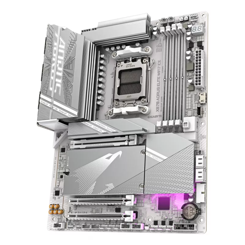GIGABYTE X870 AORUS ELITE WIFI7 ICE pagrindinė plokštė – palaiko AMD Ryzen 9000 procesorius, 16+2+2 fazių skaitmeninis VRM, iki 8200MHz DDR5 (OC), 3xPCIe 5.0 + 1xPCIe 4.0, Wi-Fi 7, 2.5GbE LAN, USB 4
