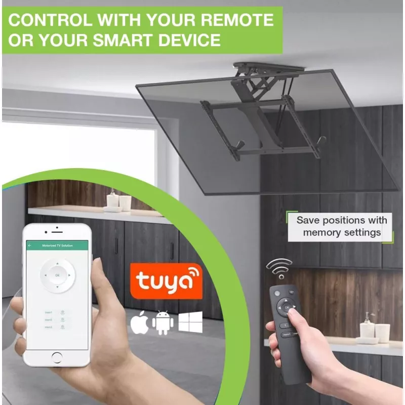 Techly Motorizuojamas pasukamas lubinis TV laikiklis su išmaniųjų namų integracija televizoriams nuo 32 iki 70 colių