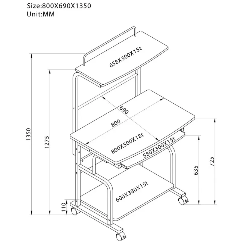 Techly Compact Multi-Function Computer Desk, Glossy Juoda ICA-TB 7800BK
