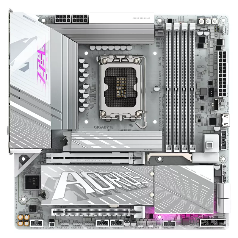 GIGABYTE Z890M AORUS ELITE WIFI7 ICE pagrindinė plokštė – palaiko Intel Core Ultra (2 serijos) procesorius, 12+1+2 fazių VRM, iki 8800 MHz DDR5 (OC), 1x PCIe 5.0 + 2x PCIe 4.0, Wi-Fi 7, 2,5 GbE LAN, USB 4
