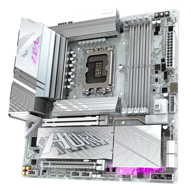 GIGABYTE Z890M AORUS ELITE WIFI7 ICE pagrindinė plokštė – palaiko Intel Core Ultra (2 serijos) procesorius, 12+1+2 fazių VRM, iki 8800 MHz DDR5 (OC), 1x PCIe 5.0 + 2x PCIe 4.0, Wi-Fi 7, 2,5 GbE LAN, USB 4