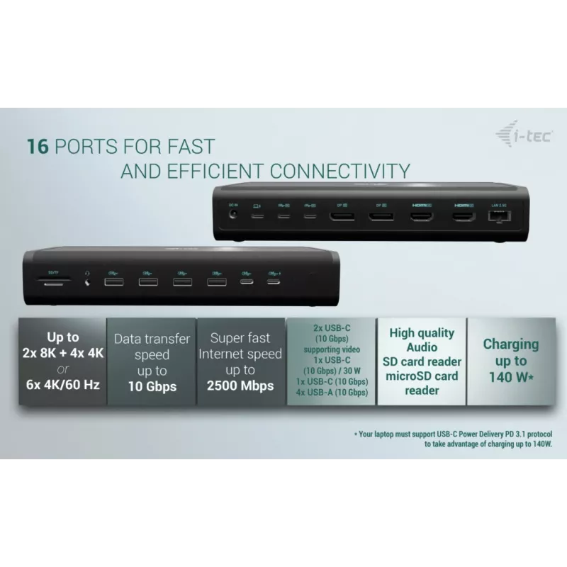 i-tec Universal 6x 4K/60Hz ekrano prijungimo stotelė + Power Delivery 140W