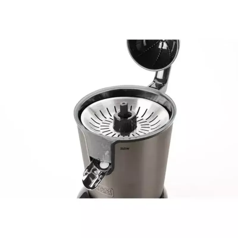 Centrifuginė sulčiaspaudė Juoda & Decker BXCJ350E — 350 W, 0,65 L sulčių talpykla, nerūdijantis plienas/juoda, reguliuojama minkštimo kontrolė