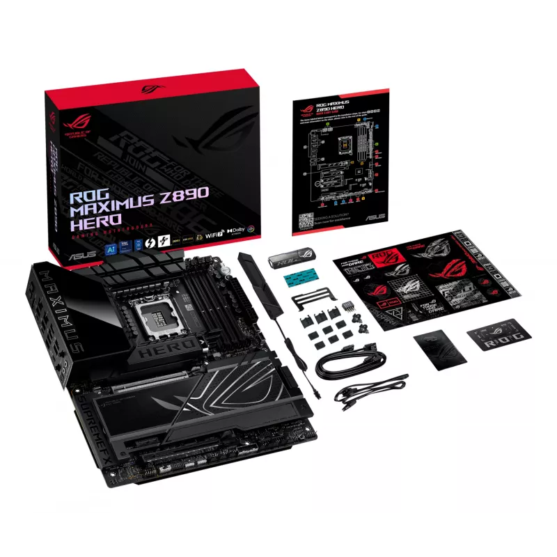 Pagrindinė plokštė ASUS ROG MAXIMUS Z890 HERO — Intel Z890, LGA 1851, ATX, DDR5, 4 DIMM, 6x M.2, Wi‑Fi 7, 2.5Gb LAN
