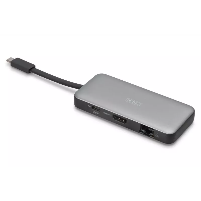 DIGITUS USB-C kelioninė dokinė stotelė, 7 prievadų - HDMI / 2x USB-A 3.2 Gen 1 / GbE / SD / MicroSD - 100 W USB-C maitinimo tiekimas
