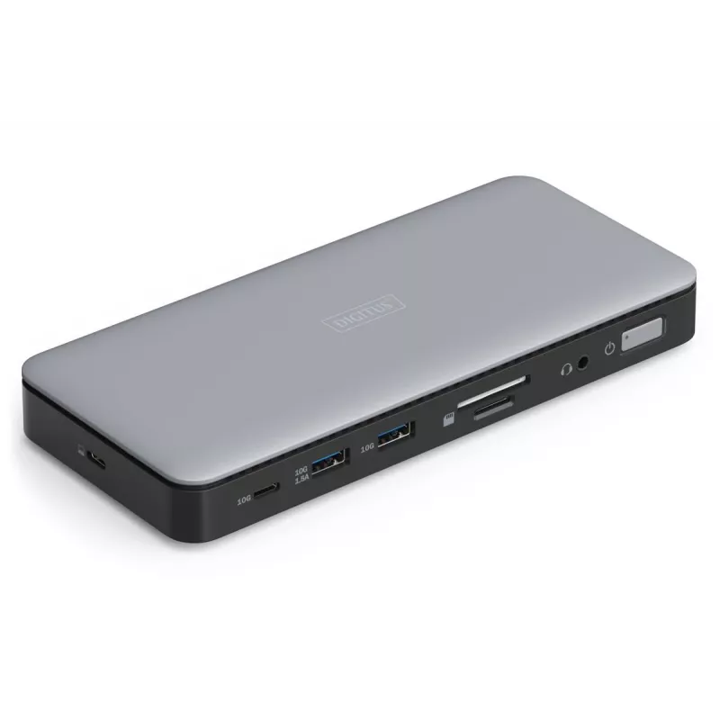 DIGITUS USB-C prijungimo stotelė, 11 prievadų - 2x HDMI / DP / 2x USB-A 3.2 Gen 2 / USB-C 3.2 Gen 2 / GbE / SD / MicroSD / DC lizdas - maks. 150 vatų / 3,5 mm