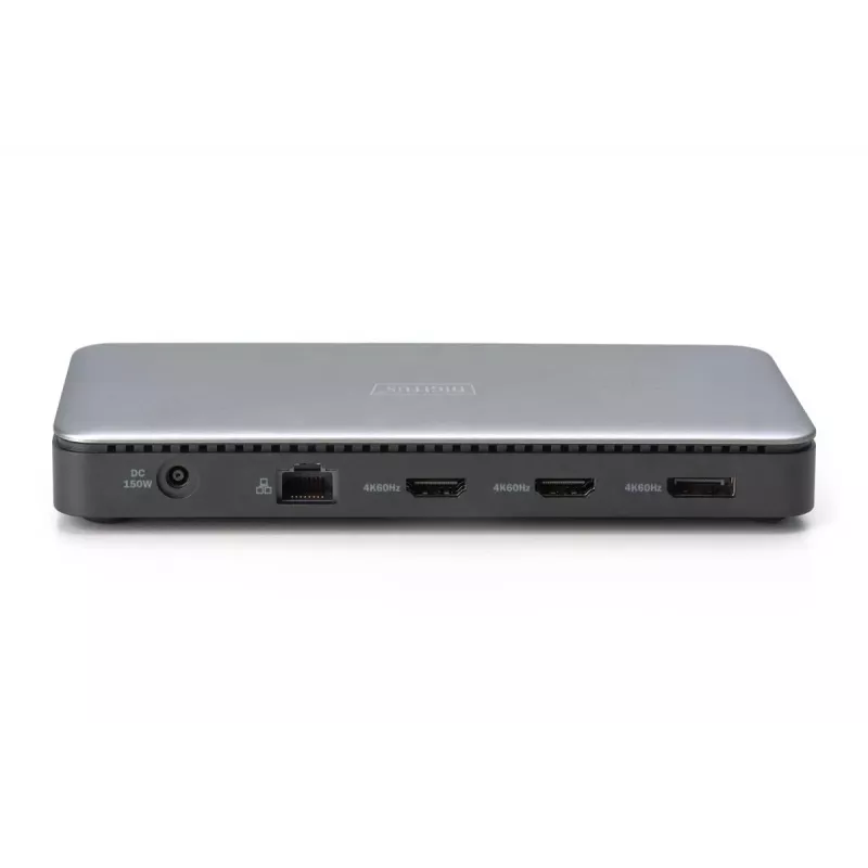 DIGITUS USB-C prijungimo stotelė, 11 prievadų - 2x HDMI / DP / 2x USB-A 3.2 Gen 2 / USB-C 3.2 Gen 2 / GbE / SD / MicroSD / DC lizdas - maks. 150 vatų / 3,5 mm