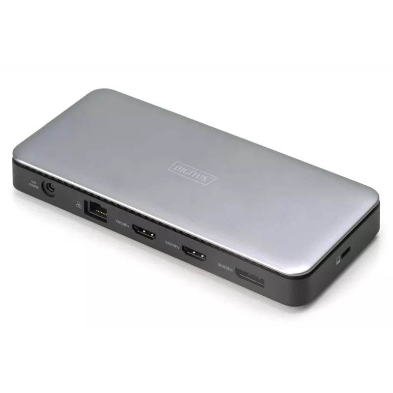 DIGITUS USB-C prijungimo stotelė, 11 prievadų - 2x HDMI / DP / 2x USB-A 3.2 Gen 2 / USB-C 3.2 Gen 2 / GbE / SD / MicroSD / DC lizdas - maks. 150 vatų / 3,5 mm