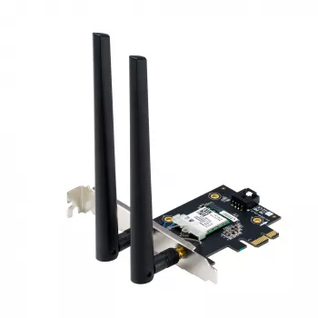 Vidinis WLAN Bluetooth adapteris ASUS PCE-BE6500 — PCIe, trijų dažnių Wi‑Fi 6E/7 (2,4/5/6 GHz), Bluetooth 5.4, 2882 Mbps, išorinė antena, juodas