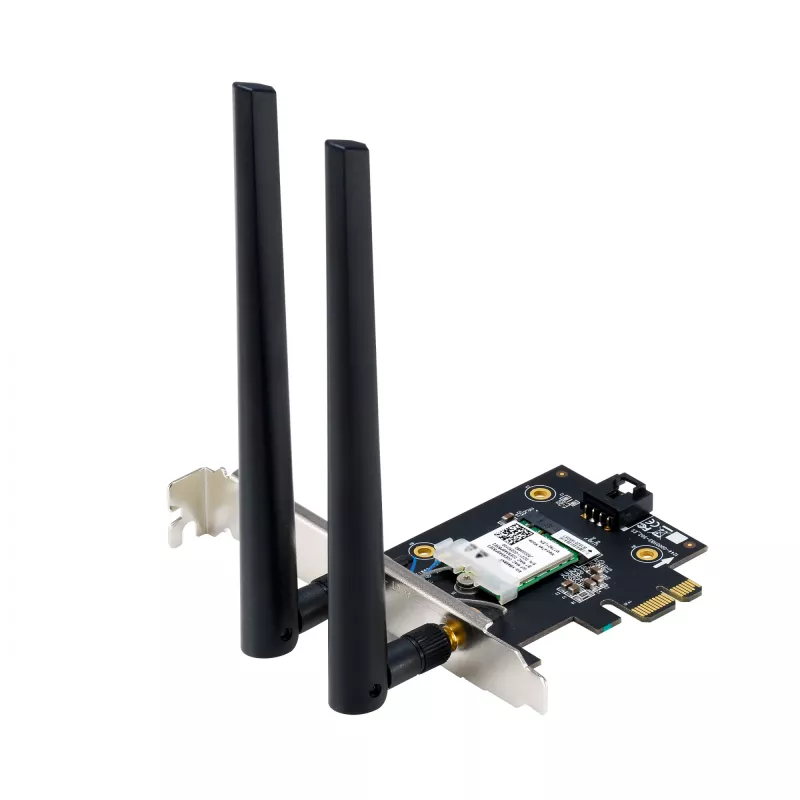 Vidinis WLAN Bluetooth adapteris ASUS PCE-BE6500 — PCIe, trijų dažnių Wi‑Fi 6E/7 (2,4/5/6 GHz), Bluetooth 5.4, 2882 Mbps, išorinė antena, juodas