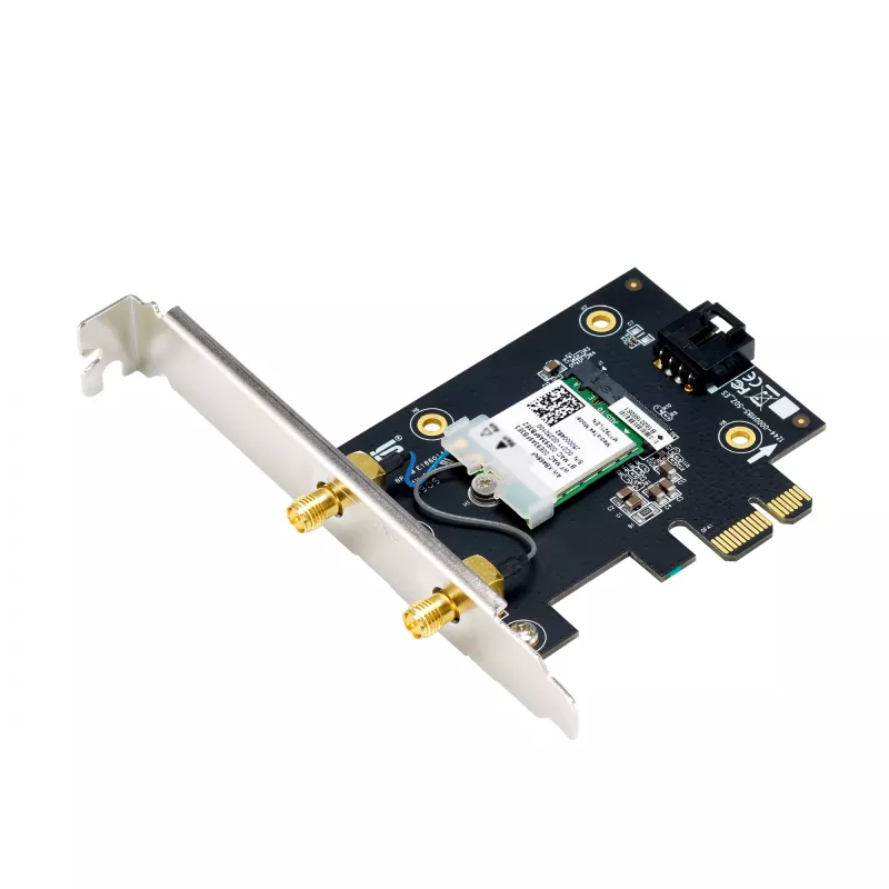 Vidinis WLAN Bluetooth adapteris ASUS PCE-BE6500 — PCIe, trijų dažnių Wi‑Fi 6E/7 (2,4/5/6 GHz), Bluetooth 5.4, 2882 Mbps, išorinė antena, juodas