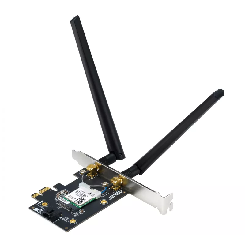 Vidinis WLAN Bluetooth adapteris ASUS PCE-BE6500 — PCIe, trijų dažnių Wi‑Fi 6E/7 (2,4/5/6 GHz), Bluetooth 5.4, 2882 Mbps, išorinė antena, juodas