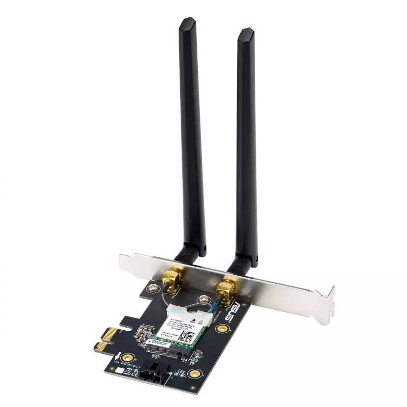 Vidinis WLAN Bluetooth adapteris ASUS PCE-BE6500 — PCIe, trijų dažnių Wi‑Fi 6E/7 (2,4/5/6 GHz), Bluetooth 5.4, 2882 Mbps, išorinė antena, juodas