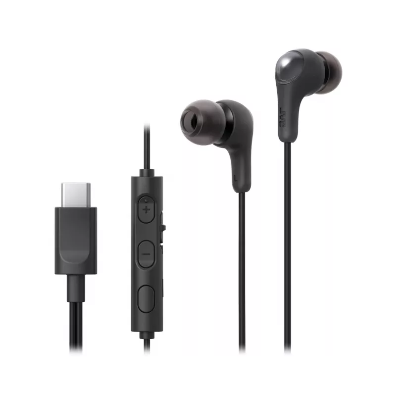 Laidinė intraurinė ausinių sistema JVC HA-FR9UC su USB-C, 9,2 mm garsiakalbiais, 5–22000 Hz, inline mikrofonu ir valdymu, 1,2 m kabeliu, juoda