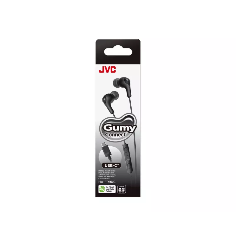 Laidinė intraurinė ausinių sistema JVC HA-FR9UC su USB-C, 9,2 mm garsiakalbiais, 5–22000 Hz, inline mikrofonu ir valdymu, 1,2 m kabeliu, juoda