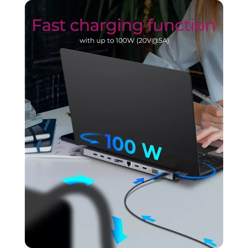 ICY BOX 11-in-1 via USB Type-C, laidinis, USB 3.2 Gen 1 (3.1 Gen 1) Type-C, 100 W, 3,5 mm, 10,100,1000 Mbit/s, antracitas, juoda