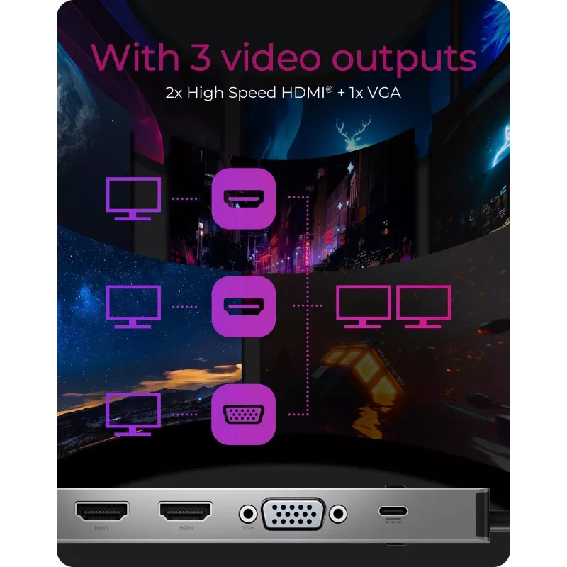 ICY BOX 11-in-1 via USB Type-C, laidinis, USB 3.2 Gen 1 (3.1 Gen 1) Type-C, 100 W, 3,5 mm, 10,100,1000 Mbit/s, antracitas, juoda