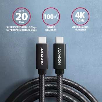 Axagon BUCM32-CM05AB SPEED+ USB-C <> USB 20Gbps/100W kabelis 0.5 m