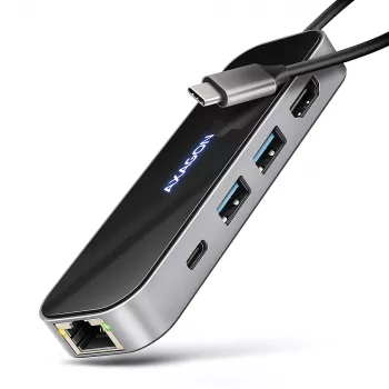 Axagon HMC-6GLN USB 5 Gbps šakotuvas, 2x USB-A, USB-C, HDMI 4k/60Hz, RJ-45, PD 100W, USB-C laidas