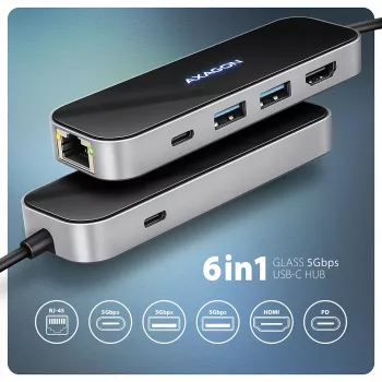 Axagon HMC-6GLN USB 5 Gbps šakotuvas, 2x USB-A, USB-C, HDMI 4k/60Hz, RJ-45, PD 100W, USB-C laidas