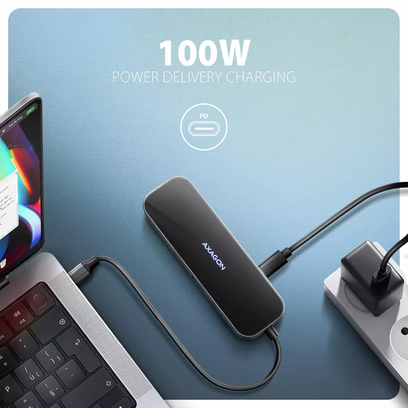 Axagon HMC-6GLN USB 5 Gbps šakotuvas, 2x USB-A, USB-C, HDMI 4k/60Hz, RJ-45, PD 100W, USB-C laidas