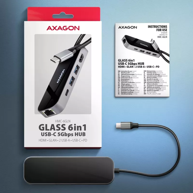 Axagon HMC-6GLN USB 5 Gbps šakotuvas, 2x USB-A, USB-C, HDMI 4k/60Hz, RJ-45, PD 100W, USB-C laidas