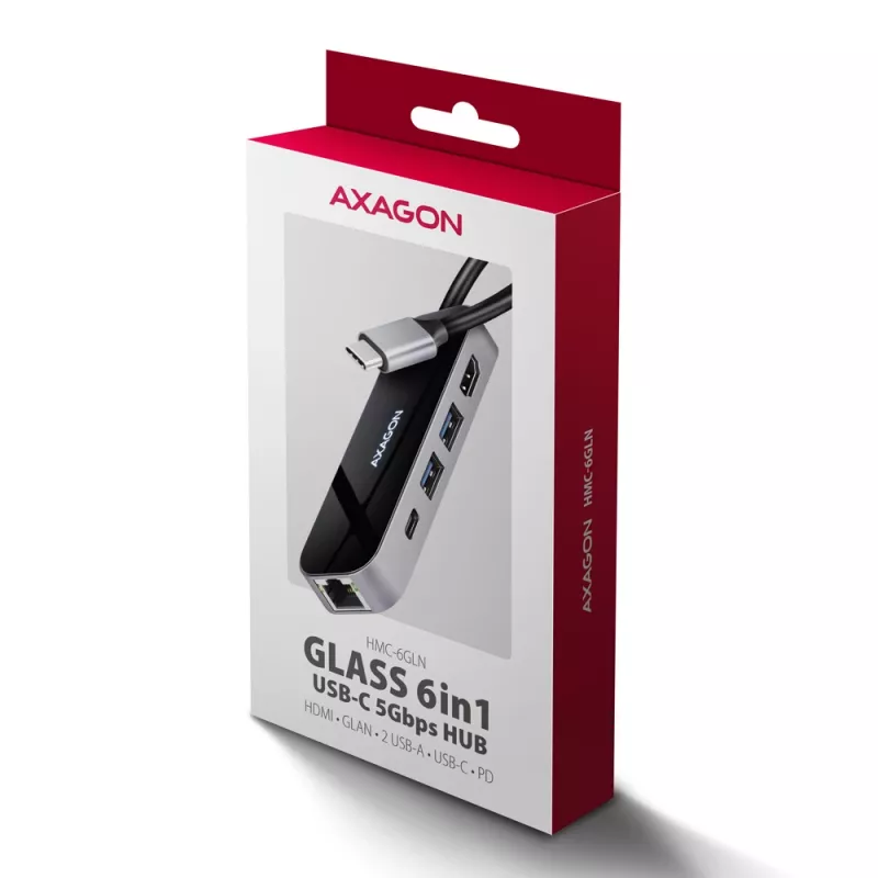 Axagon HMC-6GLN USB 5 Gbps šakotuvas, 2x USB-A, USB-C, HDMI 4k/60Hz, RJ-45, PD 100W, USB-C laidas